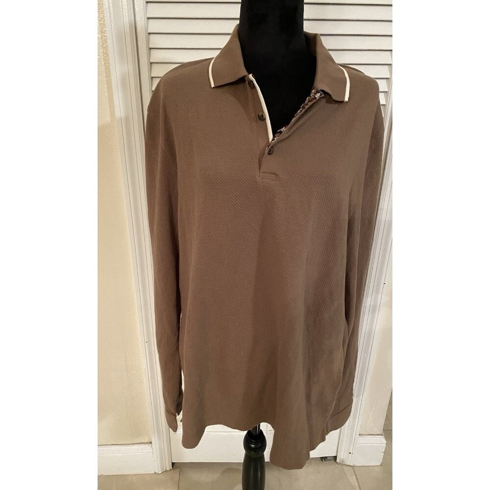 Simons Long Sleeve Polo Shirt Embossed Brown Liberty Fabric (L) Minimalist
